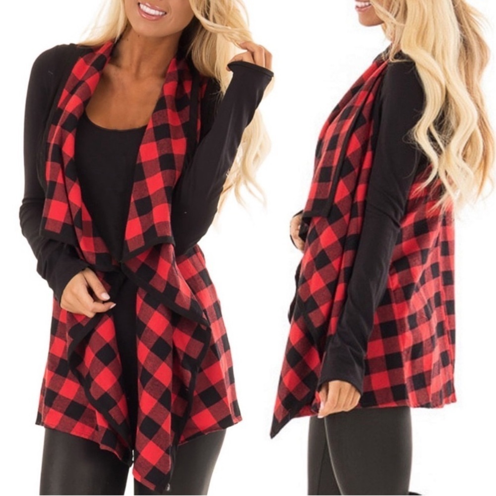 Twenty Second 22 red and black flannel buffalo plaid waterfall open front vest